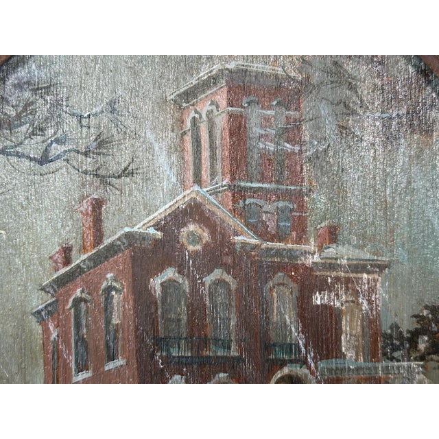 Folk Art Architectural Painting Framed in Antique Stove Pipe Collar for your consideration. The stove pipe collar frame...