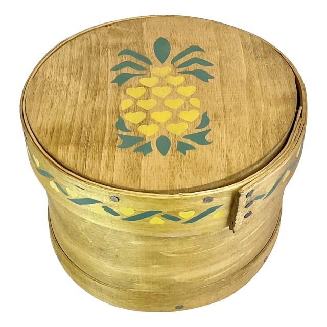 1980s Vintage Americana Folk Art Maple Wood Cheese Box For Sale