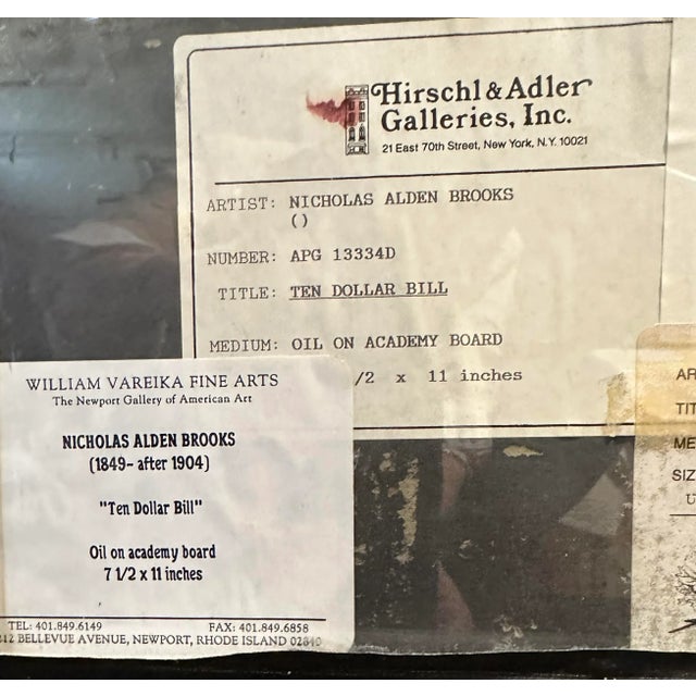 “Ten Dollar Bill” With Red Treasury Seal, Oil on Academy Board by Nicholas Alden Brooks (1849-After 1904) For Sale - Image 4 of 7