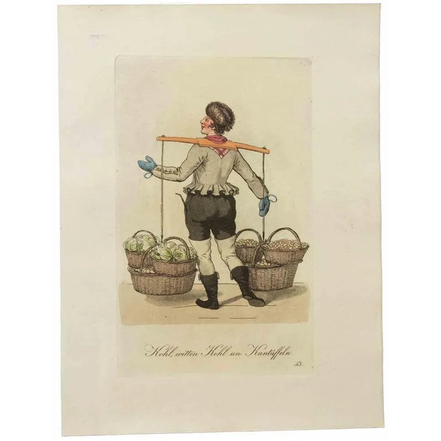 Hand-colored etching by Christoph Suhr in 1808. Belongs to the series "Der Ausruf in Hamburg dargestellt in einhundert und...