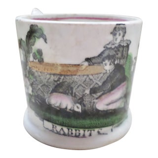 Rare Staffordshire Antique Transfer Child's Mug Two Little Boys and Rabbit For Sale
