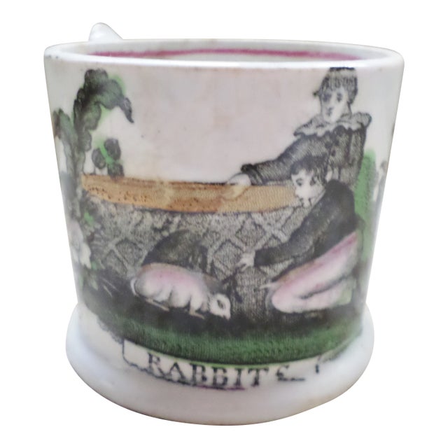 Rare Staffordshire Antique Transfer Child's Mug Two Little Boys and Rabbit For Sale