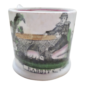 Rare Staffordshire Antique Transfer Child's Mug Two Little Boys and Rabbit