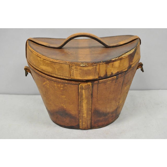 Antique Victorian Brown Leather Travel Case Hat Box W/ Miller of Ny Silk Top Hat For Sale - Image 12 of 18