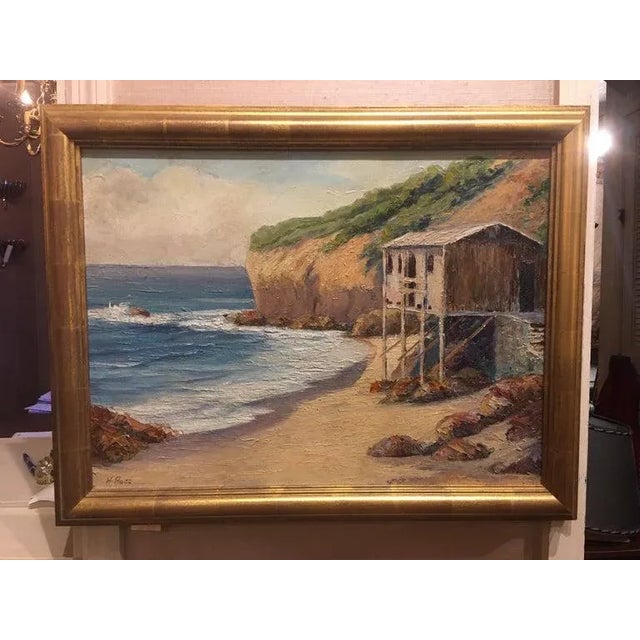 Oil on canvas painting "Oceanscape with Beach Bungalow" signed H. Rosa, circa 1920-1940.
