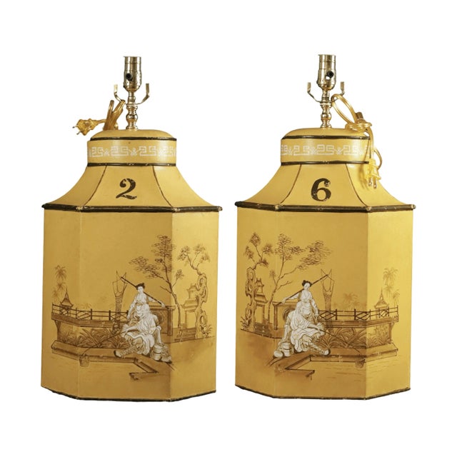 Vintage English Export Tea Caddy Hand-Painted Chinoiserie Figurines Table Lamp.Hand Drawn Table Lamp, Retro Table Lamp For Sale - Image 10 of 10