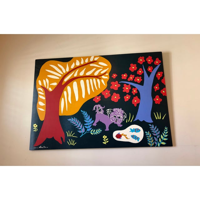 Contemporary Painting of a Dog in a Stylized Garden, Signed and Dated 2012 For Sale In Greensboro - Image 6 of 10