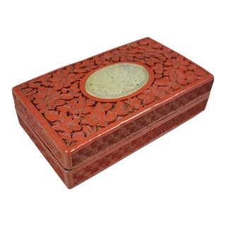 Vintage Chinese Carved Cinnabar Table Box With Jade Inset For Sale