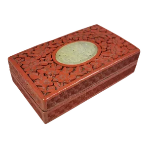 Vintage Chinese Carved Cinnabar Table Box With Jade Inset