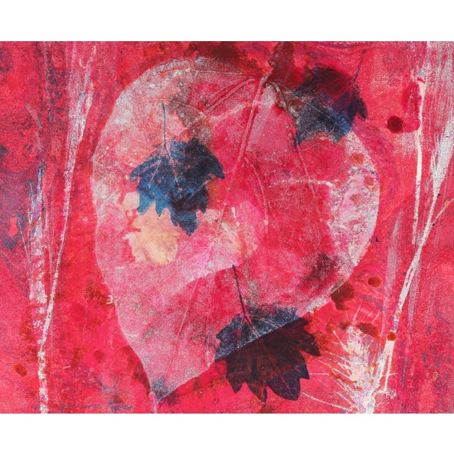 This circa 1971 mixed media print on paper in hot pink with leaves entitled "September" is by Santa Fe artist Seymour...
