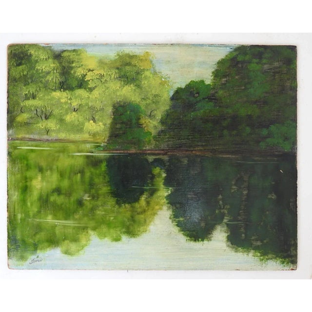 English Vintage Late 20th Century Lakeside Forest Reflections Landscape Painting For Sale - Image 3 of 4