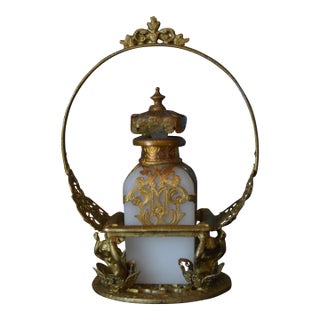 Antique French Opaline Perfume Bottle in Ornate Ormolu Figural Stand For Sale