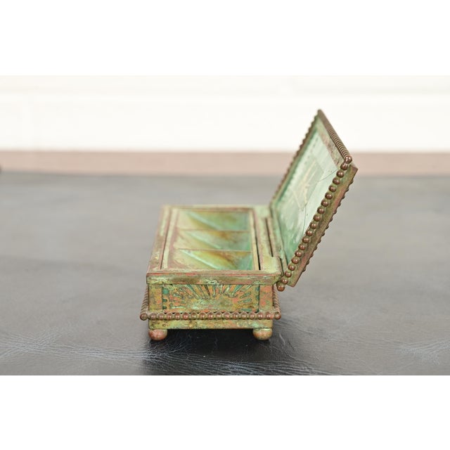 Metal Tiffany Studios New York Pine Needle Pattern Bronze and Favrile Slag Glass Stamp Box For Sale - Image 7 of 12