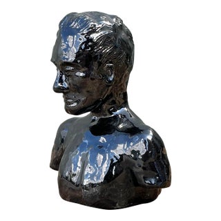 Vintage Glazed Ceramic Bust of Man For Sale