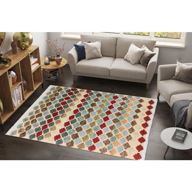 Beige 1990s 1990s Modern Moroccan High-Low Beige/Blue Wool Rug - 5'0'' X 7'7'' For Sale - Image 8 of 8