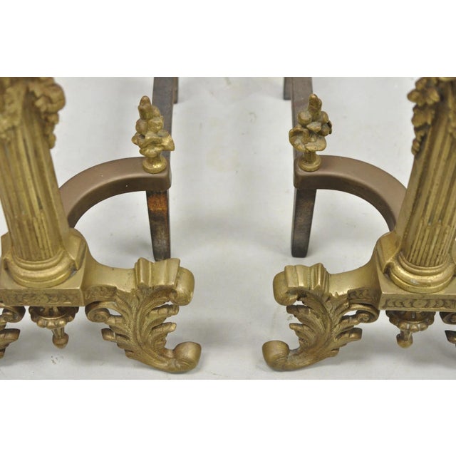 Antique French Empire Style Bronze Corinthian Column Fireplace Andirons - A Pair For Sale - Image 11 of 14