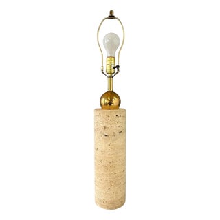 Italian 1960s Travertine and Brass Cylindrical Table Lamp For Sale