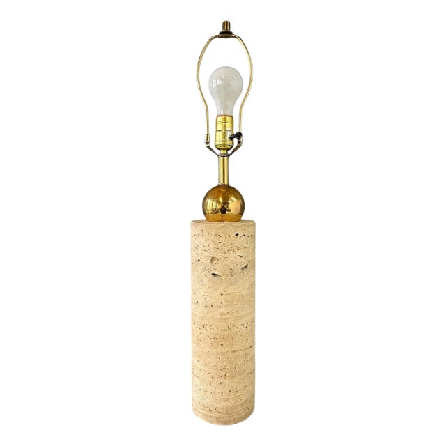 Italian 1960s Travertine and Brass Cylindrical Table Lamp For Sale