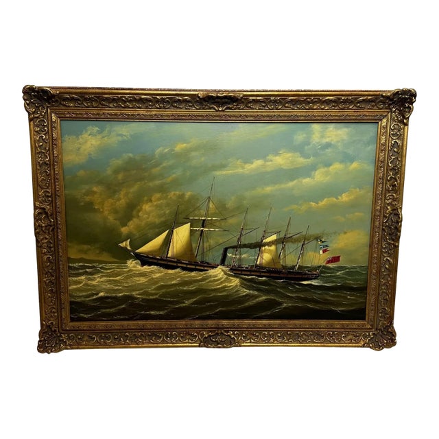 Nautical Ss Great Britain Steamship Large Gilt Framed Marine Oil on Panel Painting Signed Salvatore Colacicco For Sale