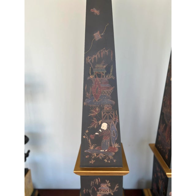 Black Pair, Vintage Chinoiserie & Partial Gilt Wood Decorated Obelisks For Sale - Image 8 of 8