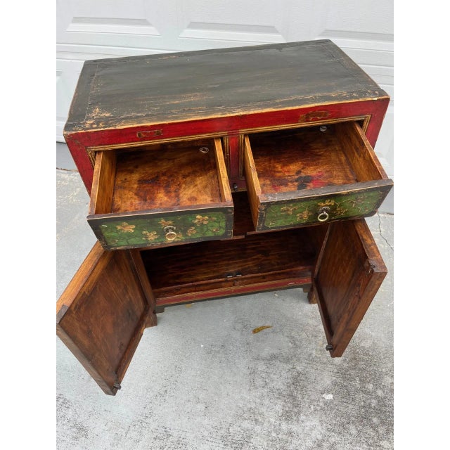 Red Chinese Painted Vintage Elm Hall Cabinet. For Sale - Image 8 of 11