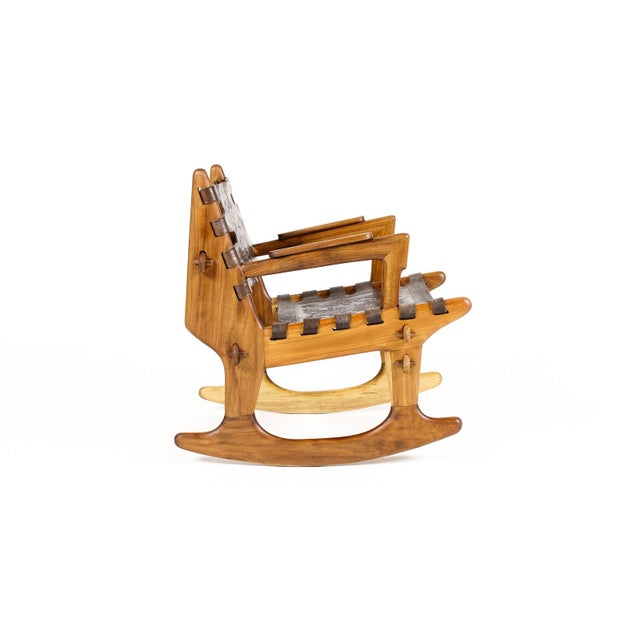 Brown Vintage Mid Century Modernist Wood + Leather Rocking Chair + Ottoman Set – Angel Pazmino For Sale - Image 8 of 15