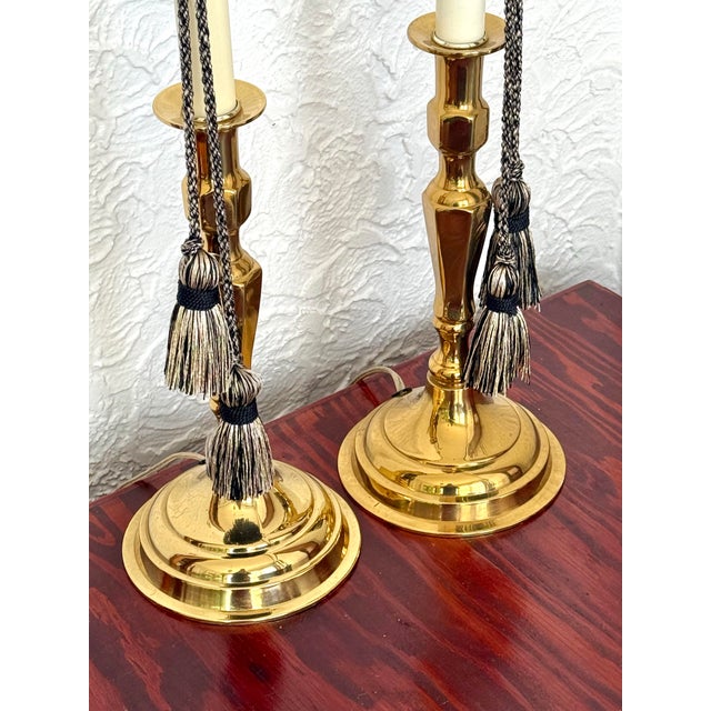 Late 20th Century Late 20th Century Brass Candlestick Lamps With Tassels - Pair For Sale - Image 5 of 10