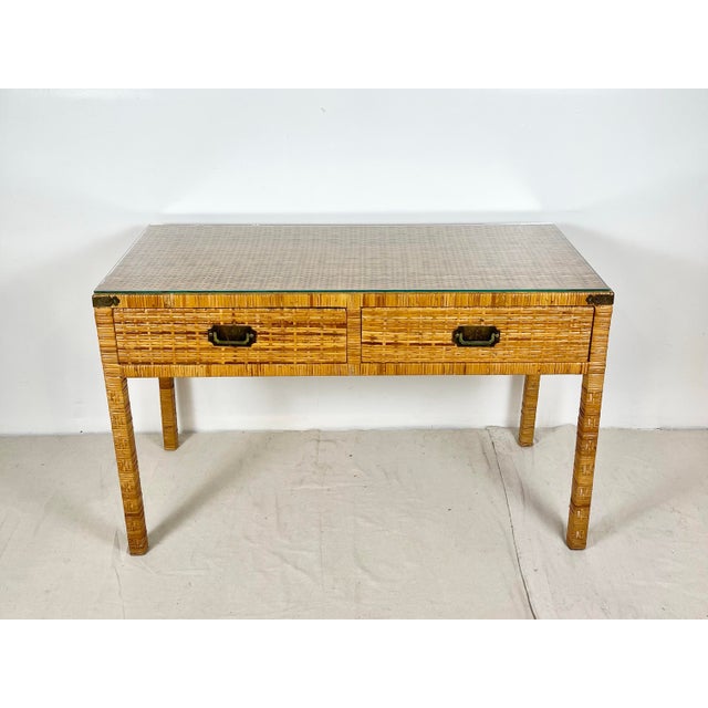 Vintage Woven Caning Wrapped Rattan Campaign Console Table Desk For Sale - Image 4 of 12