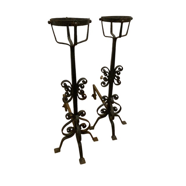 Black Large French Wrought Iron Fire Dogs, Set of 2 For Sale - Image 8 of 18