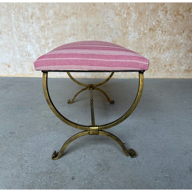 Gold Spanish Hand-Forged Gilt Iron Bench With Scroll Base and Mauve Striped Upholstery For Sale - Image 8 of 12