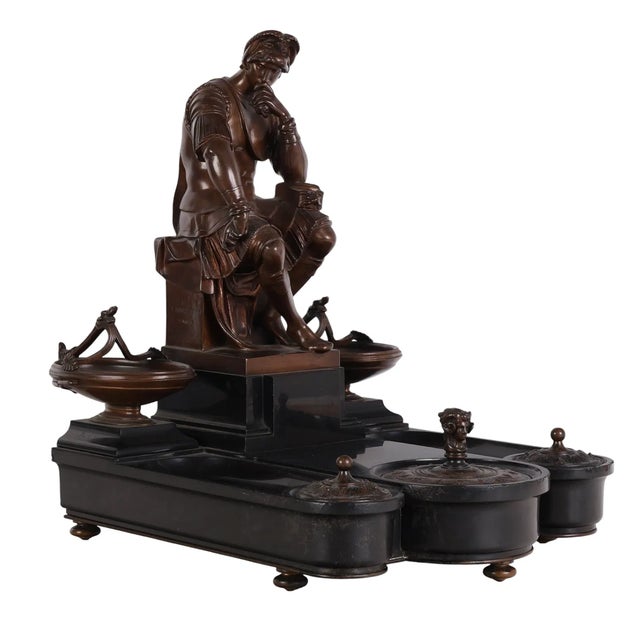 French Antique F Barbedienne French Bronze Seated Roman Bronze & Marble Inkwell For Sale - Image 3 of 5
