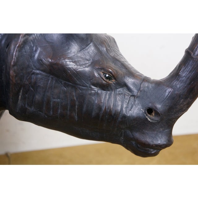 Vintage Tooled Leather African Rhinoceros Foot Stool Ottoman Sculpture 35" For Sale - Image 16 of 18