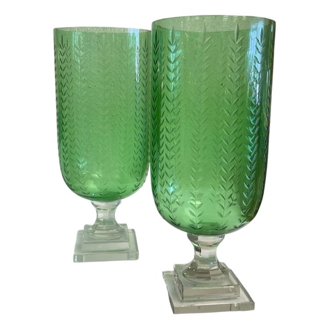 Pair of Hand Blown Green Glass Hurricanes With Etched Leaf Design For Sale