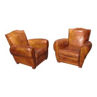 Pair of 1940s French Leather Moustache Back Club Chairs For Sale