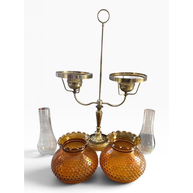 Large Vintage Deena Products Co. #267 Brass Twin-Arm Hurricane Lamp With Amber Hobnail Glass For Sale - Image 4 of 8