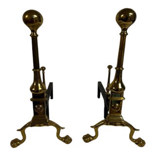 Mid 20th Century Vintage Virginia Metalcrafters Brass Andirons - a Pair For Sale