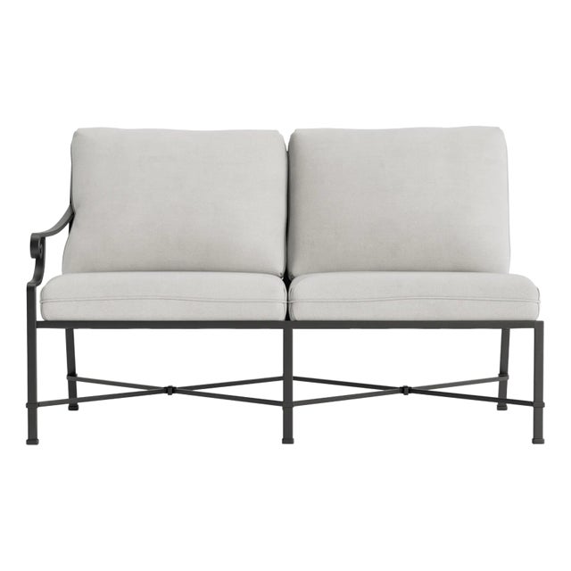 Brown Jordan Venetian Left Arm Loveseat, Textured Pewter frame with Fusion Dove fabric For Sale