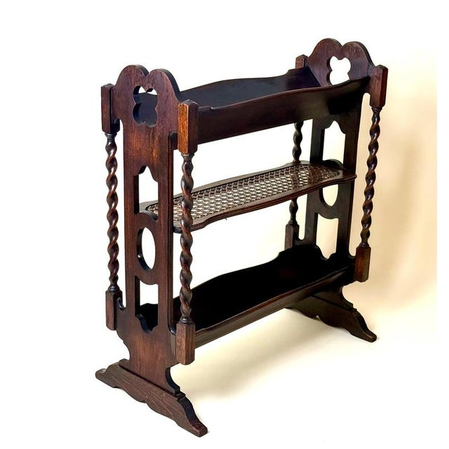 English Gothic Revival Oak Canterbury Bookcase with Original Cane, 1890 For Sale - Image 5 of 14