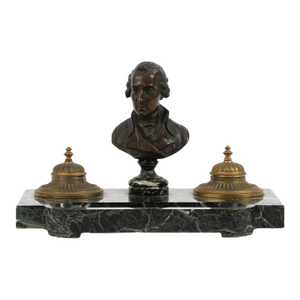 Antique Gilt & Patinated Bronze Bust Inkwell on Verde Antico Marble Stand