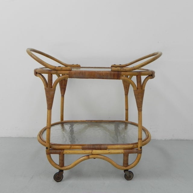 Bamboo Rattan Serving Trolley on Castors, 1950s For Sale - Image 3 of 18