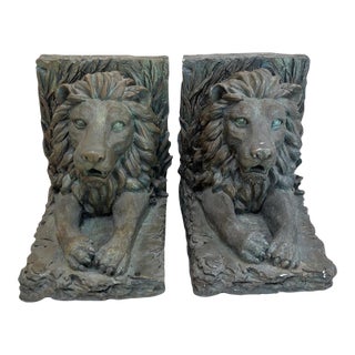 Grey Plaster Lion Bookends For Sale