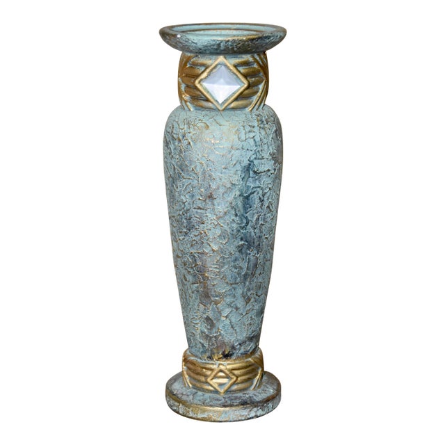 Jaru Art Deco Green And Gold Cast Stone Ceramic Pillar Candle