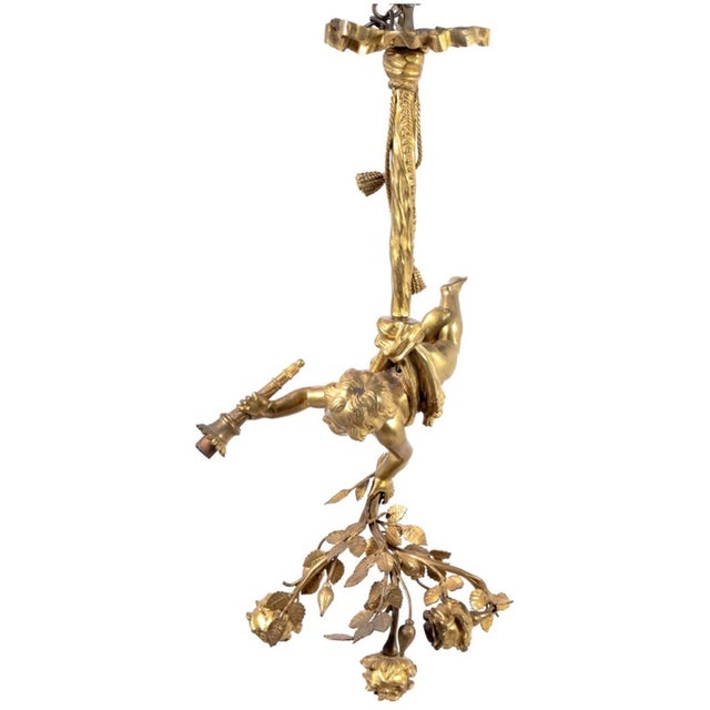French Early 20th Century Louis XVI Style Gilt Bronze Cherub Three Light Pendant Lamp For Sale - Image 3 of 5