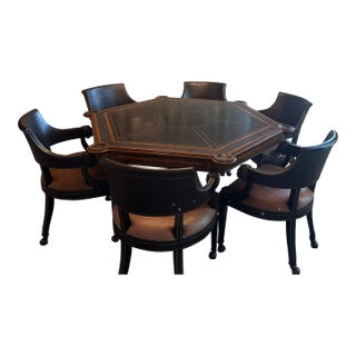 Maitland Smith (Lido) Black Leather Embossed Mahogany Card Table and Chairs - Set of 7 For Sale