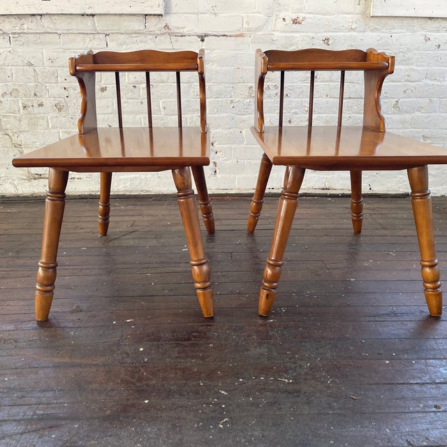 Hard to find as a matched pair, these classic rock maple step tables offer a wonderful opportunity to add authentic Mid-...