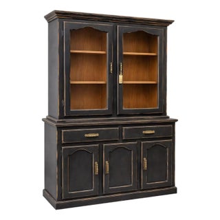 Black Distressed Farmhouse Hutch / China Cabinet. For Sale