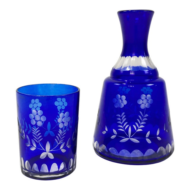 Vintage Bohemian Cobalt Blue Cut Crystal "Tumble Up" Carafe and Glass For Sale