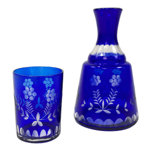 Vintage Bohemian Cobalt Blue Cut Crystal "Tumble Up" Carafe and Glass