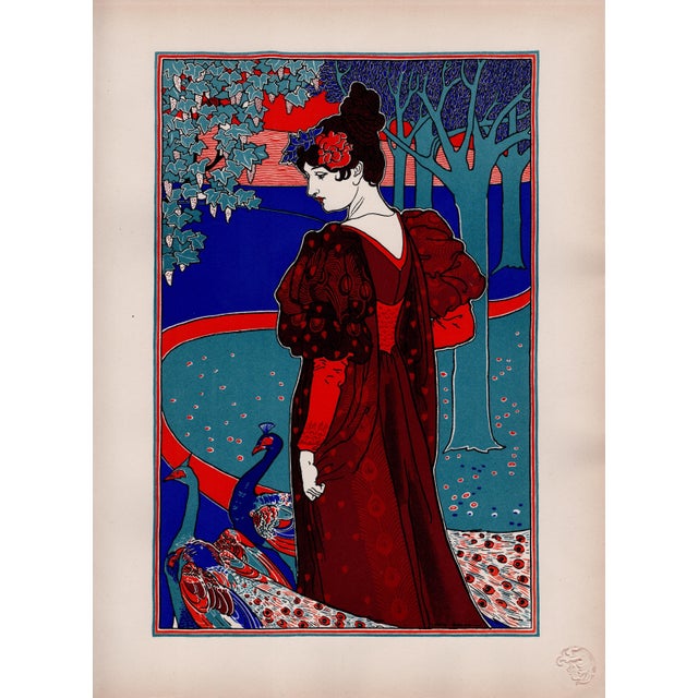 Louis rhead (1857-1926) la femme au paon (woman with peacock) original lithograph from the glorious portfolio "l'estampe...