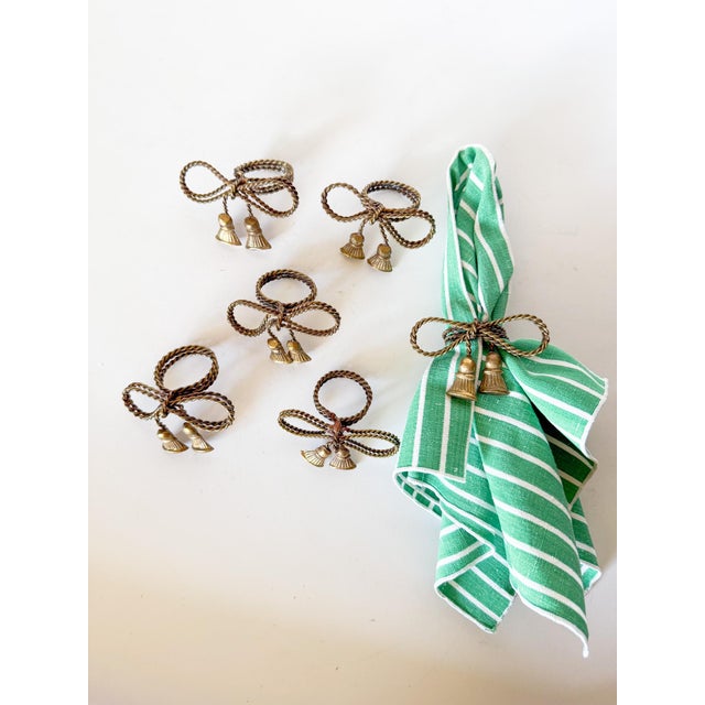 Metal Vintage Brass Tassel Bow Napkin Rings - Set of 6 For Sale - Image 7 of 7
